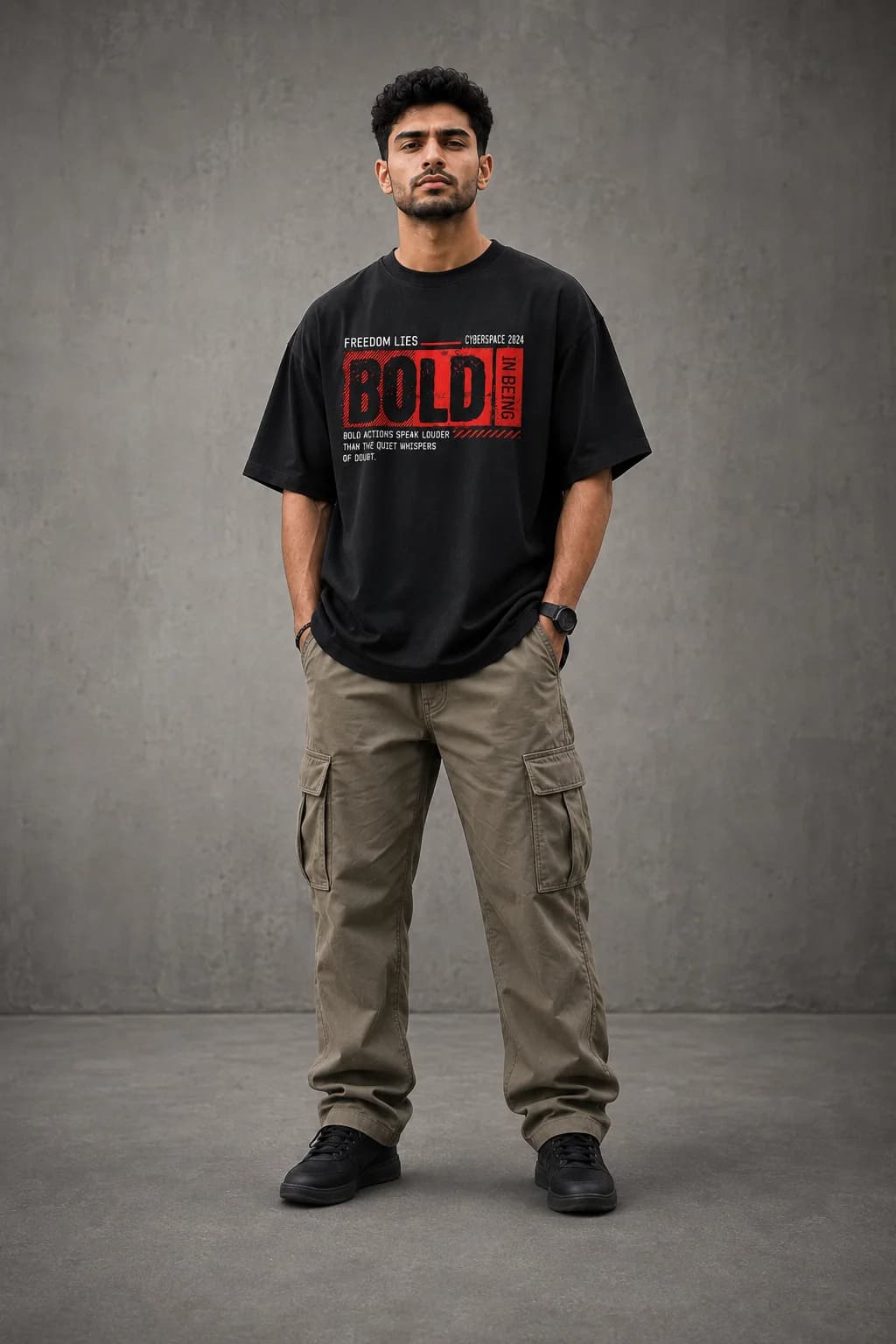 BOLD IN BEING OVERSIZED: Front oversized model view