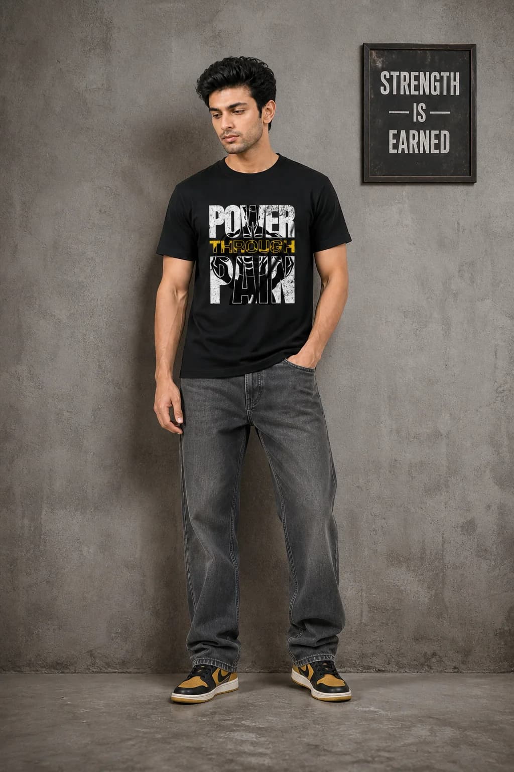 POWER THROUGH PAIN: Front model view