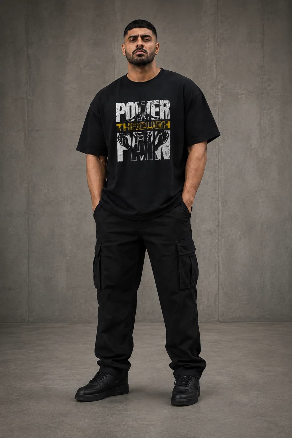 POWER THROUGH PAIN OVERSIZED: Front oversized model view